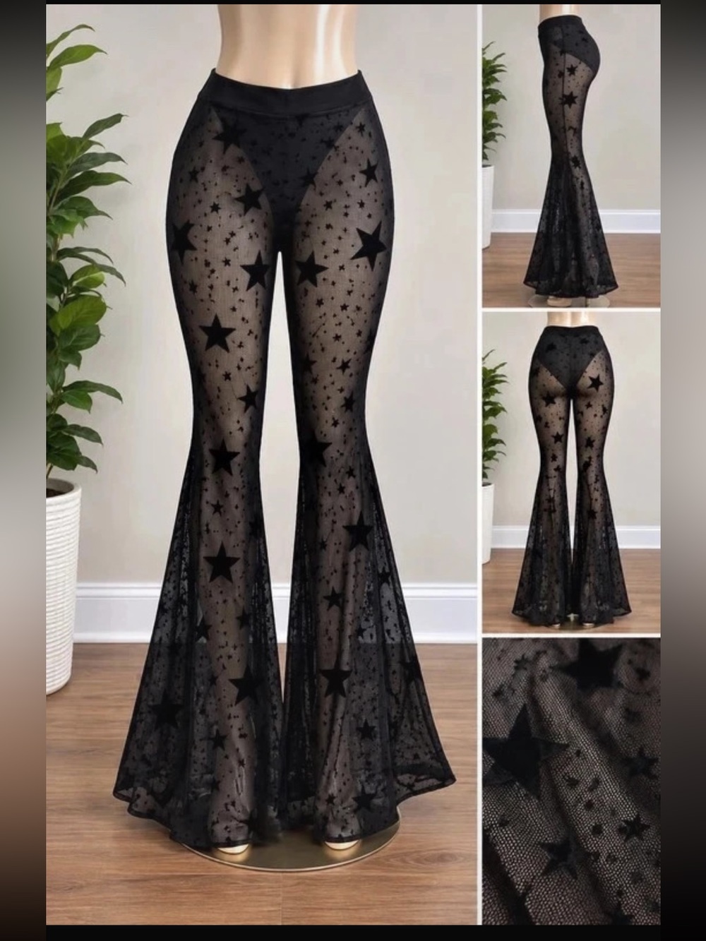 Dolls Kill Black Sheer Star Mesh Flare Bell Bottom Pants